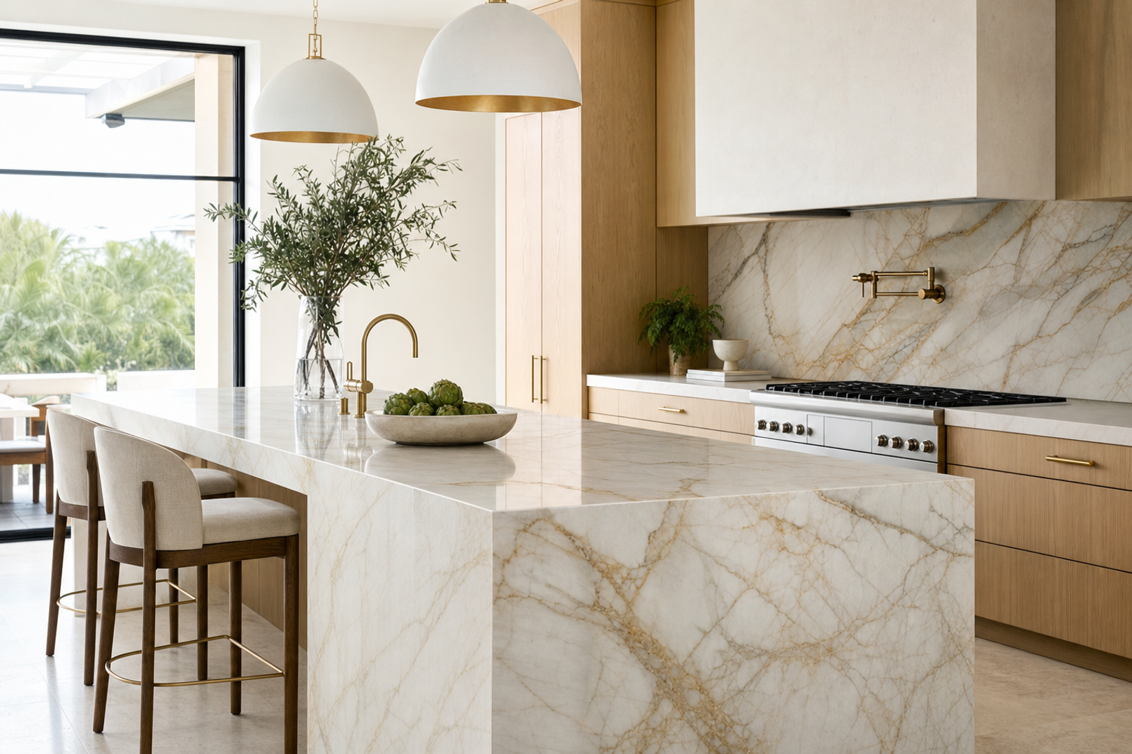 High-end residential kitchen with polished natural stone countertops and island