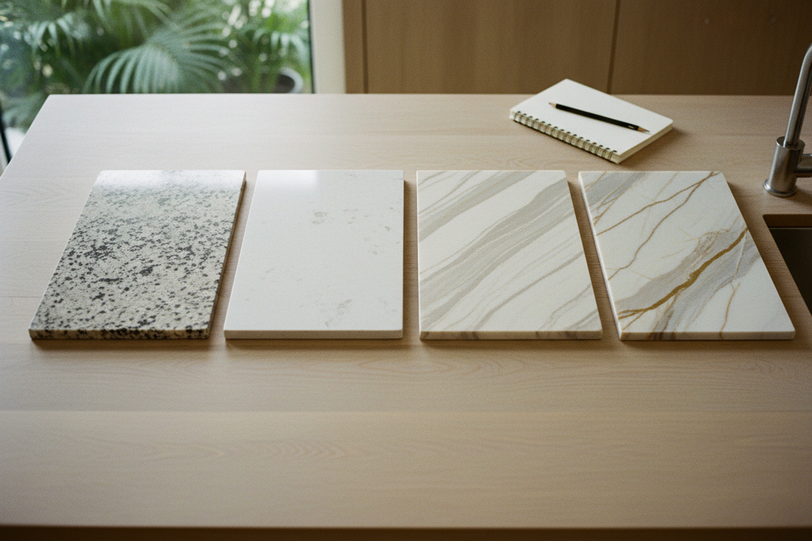 Stone samples laid out on a kitchen counter