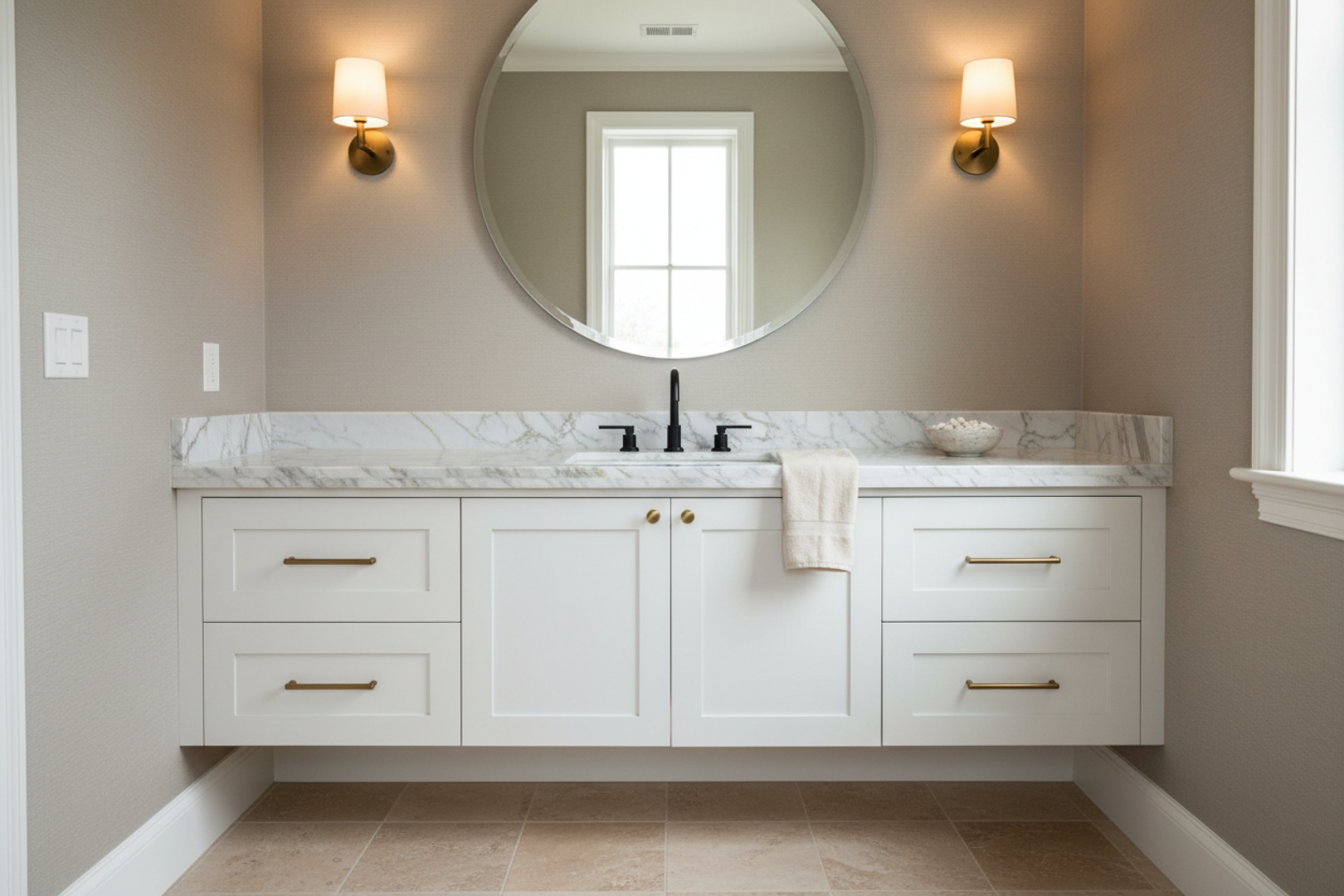 Guest powder room with a stone vanity