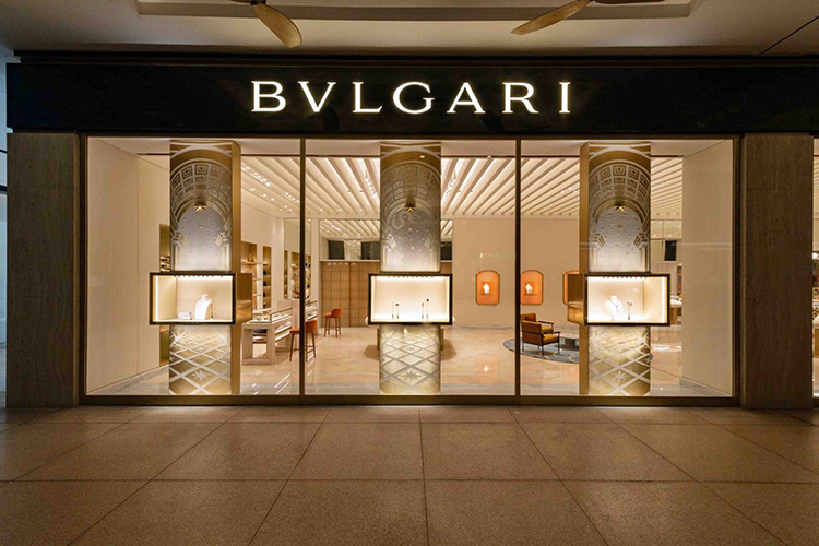 Marble facade and interior stonework of the Bvlgari boutique