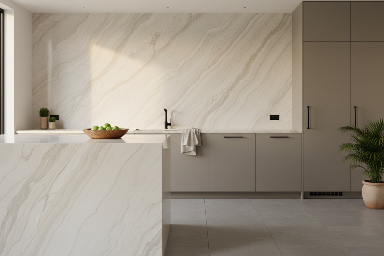 Kitchen with waterfall island and book-matched stone