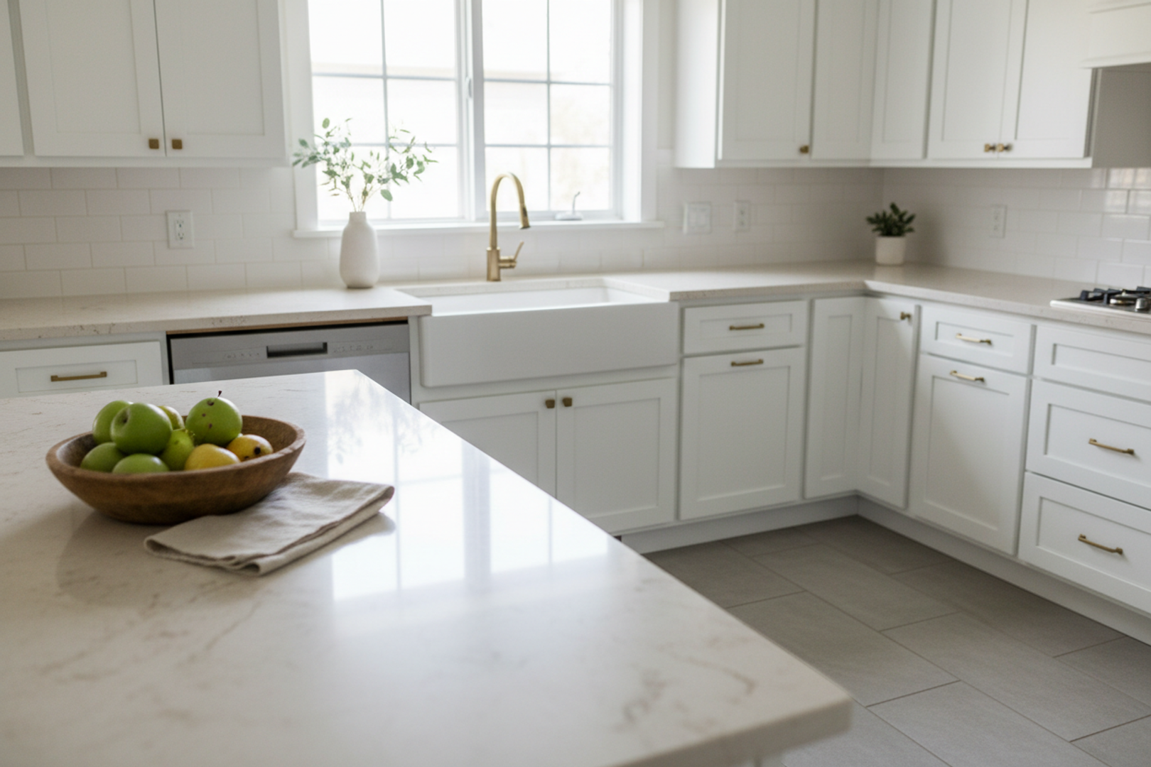 The same kitchen after: light quartzite countertops