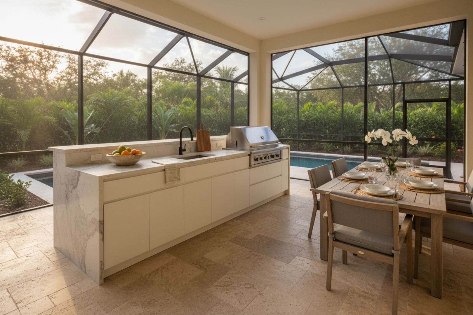 The same patio after: granite outdoor summer kitchen