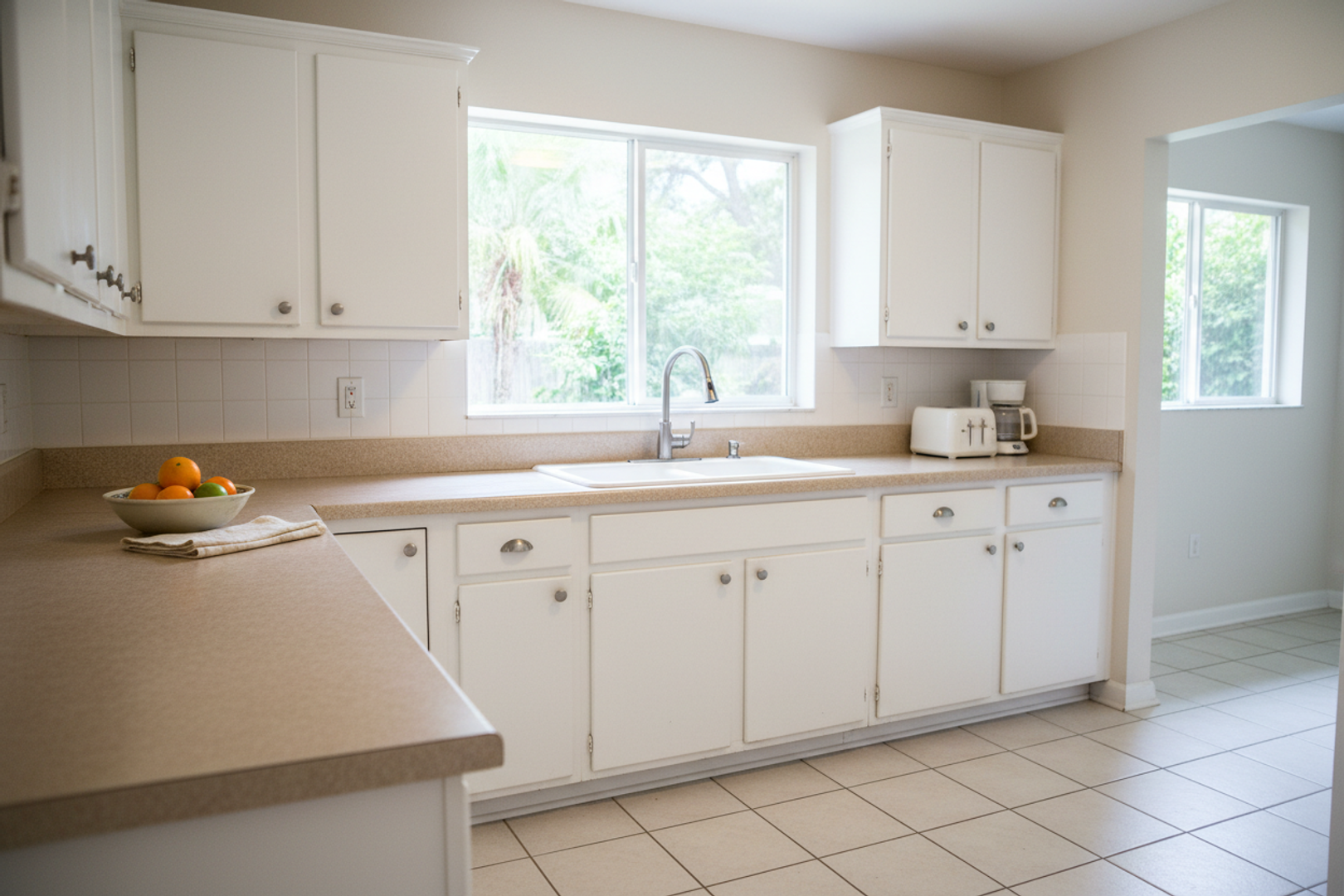 Kitchen before: well-kept but dated laminate countertops
