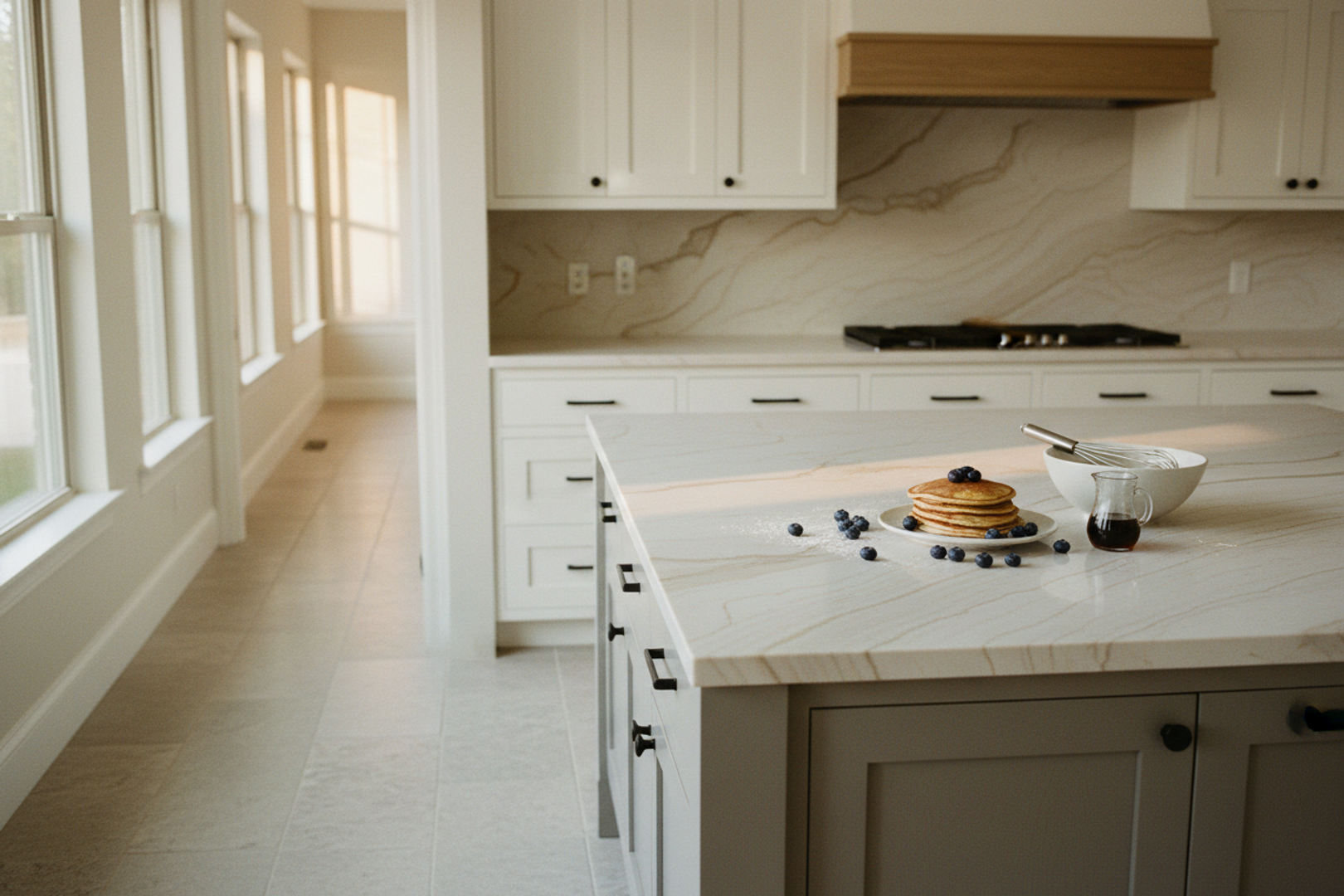 Finished quartzite kitchen on a weekend morning