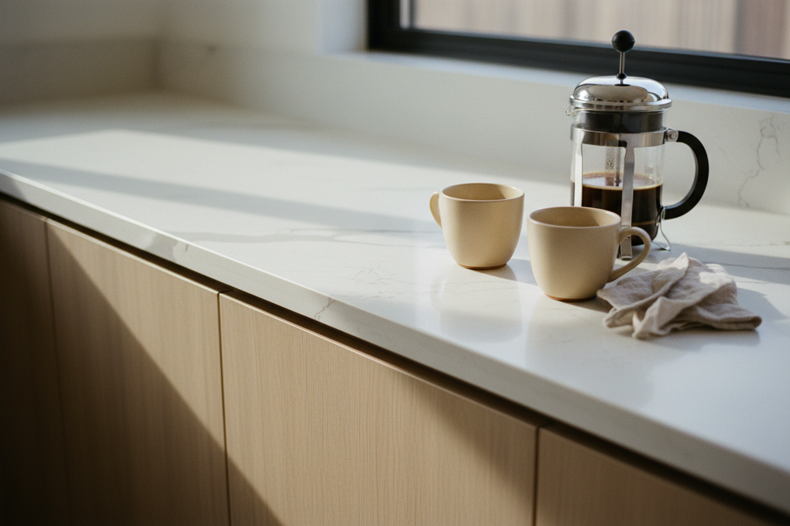 Morning coffee on a brand-new quartzite countertop