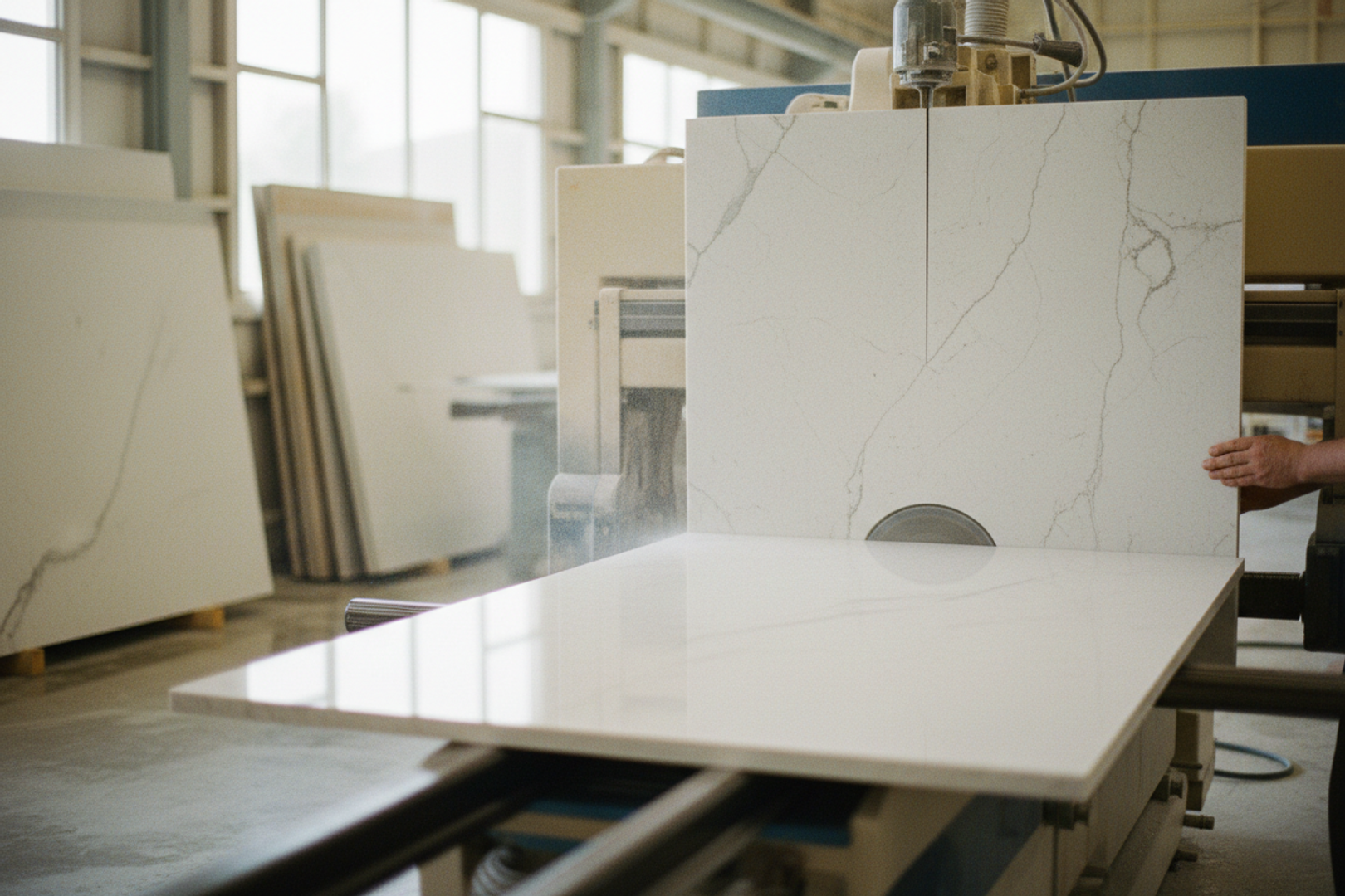 Stone slab being cut and finished in the Di Marble facility